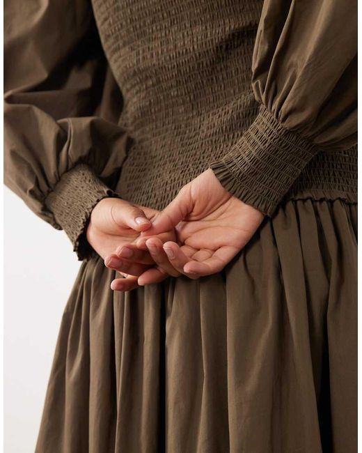 ASOS Brown Shirred Poplin Maxi Dress