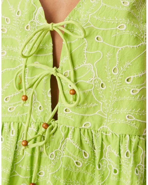 ASOS Green Tie Front Top With Bead Detail And Floral Embroidery