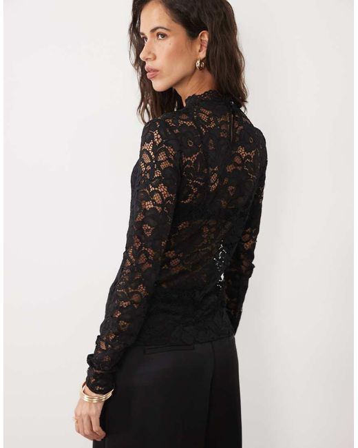 Y.A.S Black Long Sleeve High Neck Floral Lace Top
