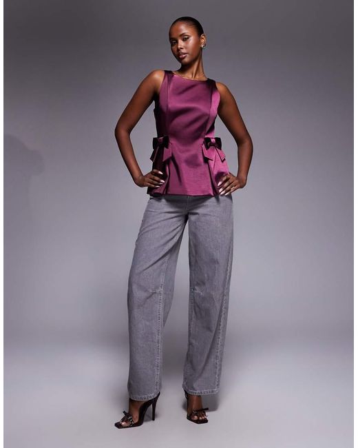 River Island Purple Bow Detailed Peplum Top