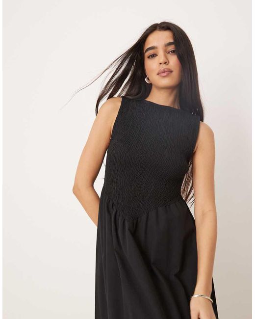 ASOS Gesmokte Poplin Maxi Korsetjurk Met Rechte Hals in het Black