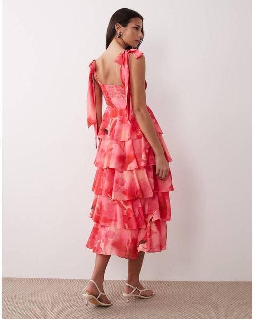 Pretty Lavish Red Fiore Tie Shoulder Ruffle Detail Midi Dress