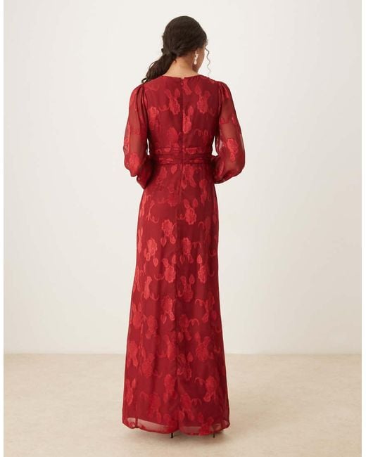 Maya Red Floral Jacquard Blouson Sleeve Maxi Dress
