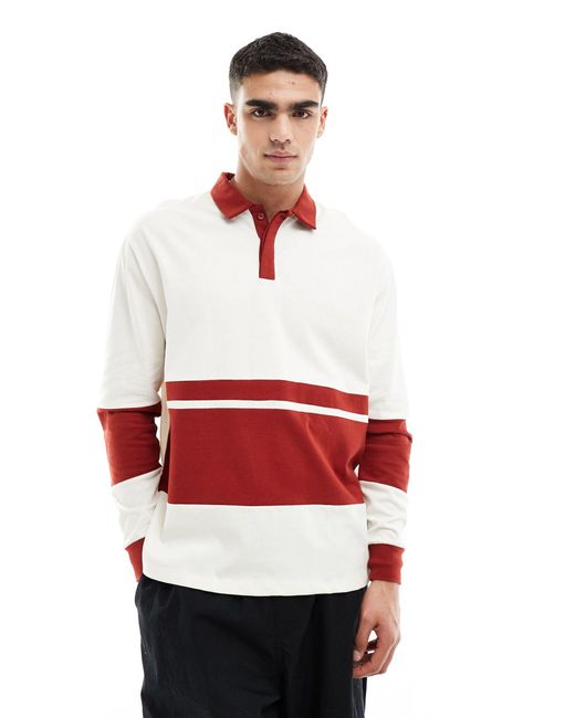 ASOS White Relaxed Heavyweight Long Sleeve Rugby Polo With Cut And Sew Panels for men
