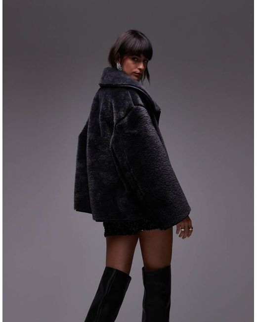 ARKET Black Oversized Faux Shearling Jacket With Funnel Neck And Contrast Edging
