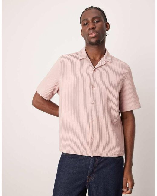 ASOS Pink Boxy Loose Fit Revere Plisse Shirt for men