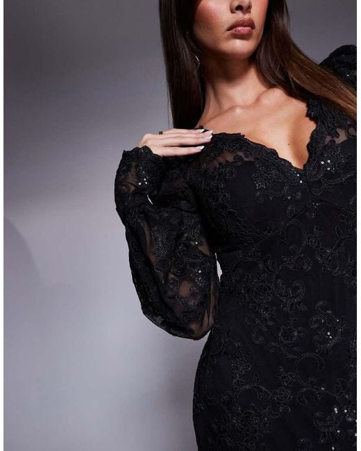 Goddiva Black Embroidered Lace Scalloped Edge Maxi Dress