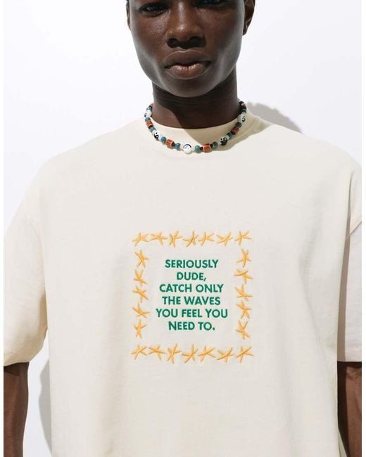 Pull&Bear White Embroidered Star T-shirt for men