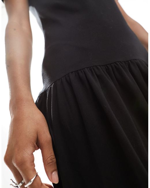 Monki Black Short Sleeve Open Neck Midi Soft Jersey Dress With Pleated Bottom