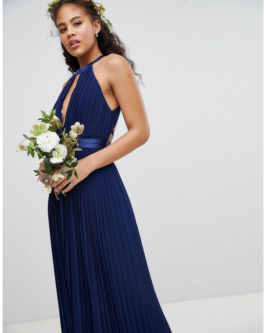 tfnc pleated maxi bridesmaid dress with cross back and bow detail