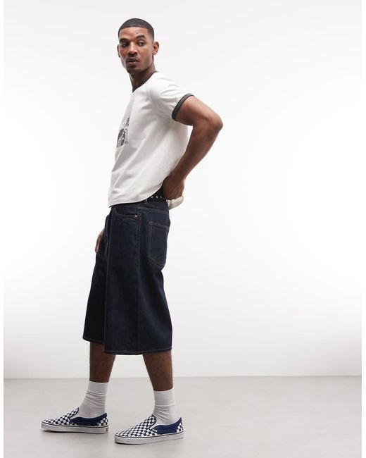 Weekday Blue baggy Long Denim Shorts for men