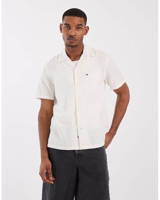 Tommy Hilfiger White Linen Blend Short Sleeve Shirt for men