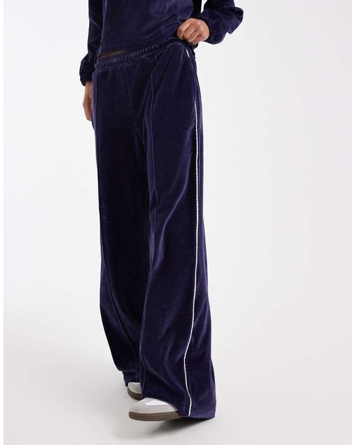 4th & Reckless Blue Exclusive Velour Side Stripe Seam Detail Wide Leg Trouser Co-Ord