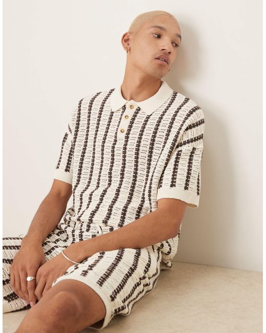 ASOS Natural Relaxed Crochet Knit Button Up Polo Shirt With Stripe Pattern for men
