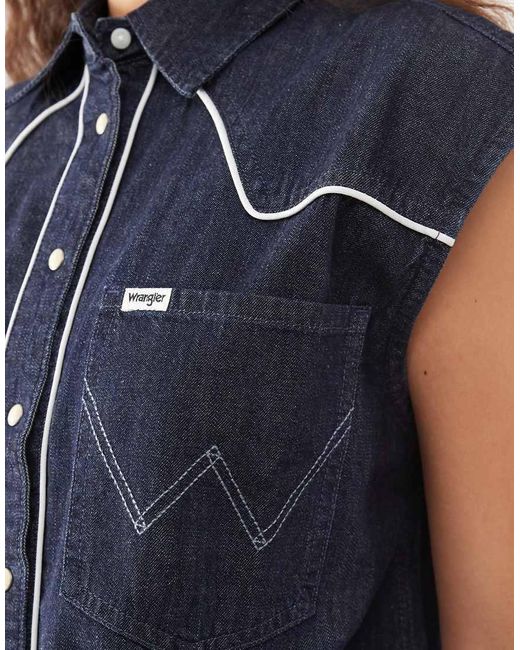 Wrangler Mouwloos Western Denim Overhemd in het Blue
