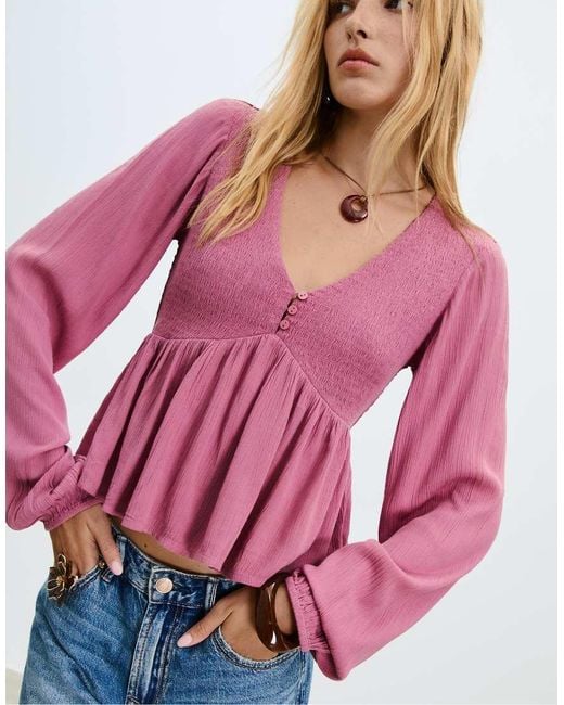 Stradivarius Pink Loose-fitting Long Sleeve Blouse
