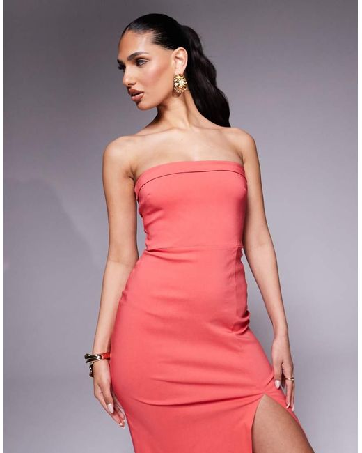Vesper Red Bandeau Bodycon Maxi Dress With Thigh Split