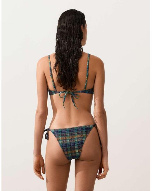 Oysho Green Textured Check Medium-coverage Bikini Briefs With Ties