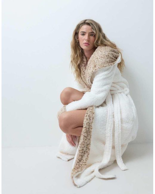 Loungeable Gray Contrast Leopard Print Cosy Hooded Maxi Dressing Gown