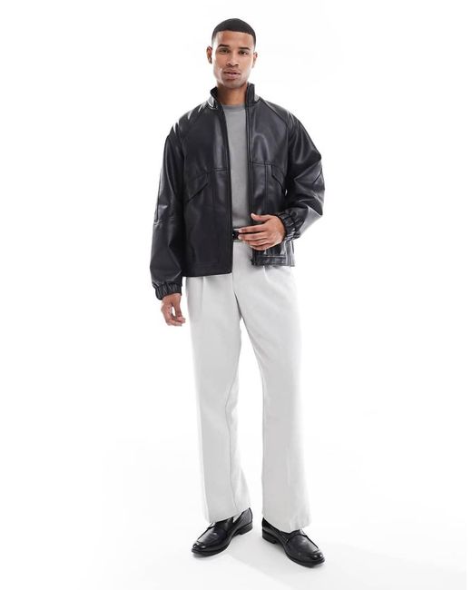 ASOS Blue Faux Leather Bomber Jacket With Funnel Neck for men