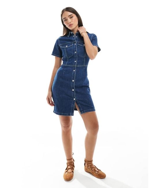 Pimkie Blue Denim Cinched Waist Button Through Mini Dress