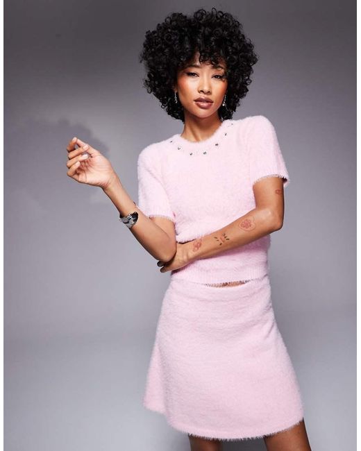 River Island Pink Short Sleeve Fluffy Knitted Top Co-ord