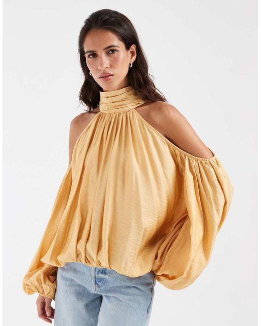 ASOS Natural Halterneck Cold Shoulder Volume Blouse