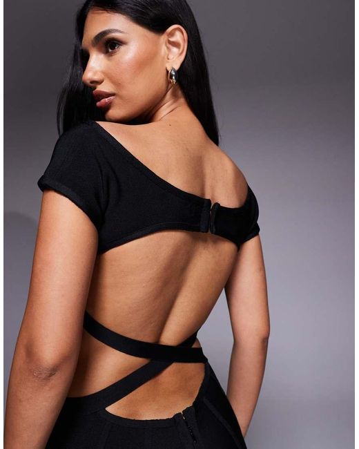 Kaiia Black Exclusive Premium Sculpting Bandage Bodycon Bardot Maxi Dress
