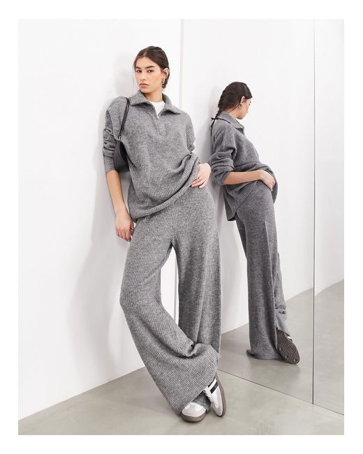 ASOS Gray Ribbed Wide Leg Knitted Trouser Co-ord