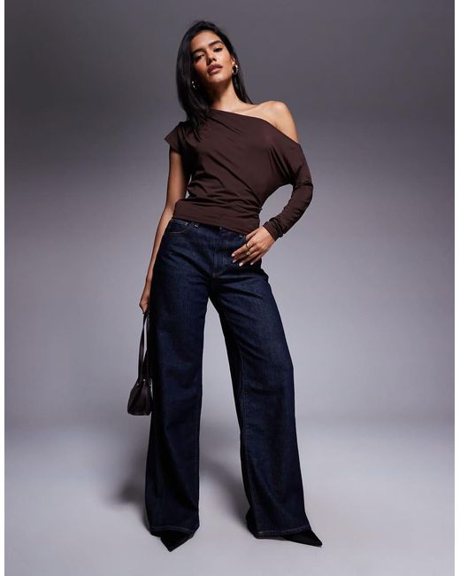 ASOS Blue Slinky One Shoulder Asymmetric Drape Top