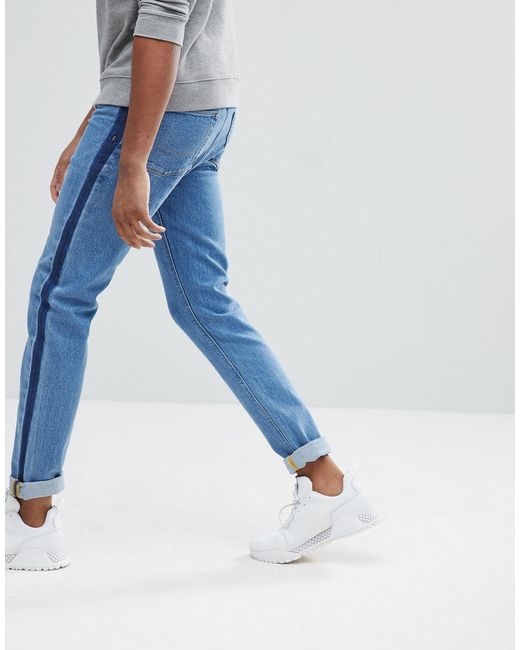 Asos Tall Jean Skinny Avec Bande Sur Le Cote Delave Moyen Jean Asos Pour Homme En Coloris Bleu Lyst
