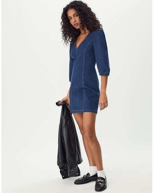 Stradivarius Blue Short Denim Dress With Puff Sleeves