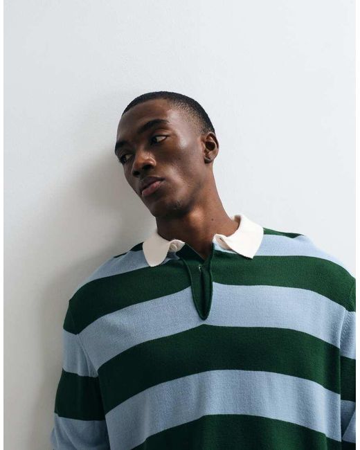 ASOS Green Relaxed Knitted Long Sleeve Striped Rugby Polo for men