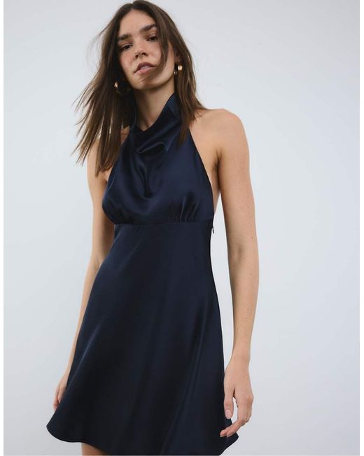 Stradivarius Blue Short Satin Halter Dress
