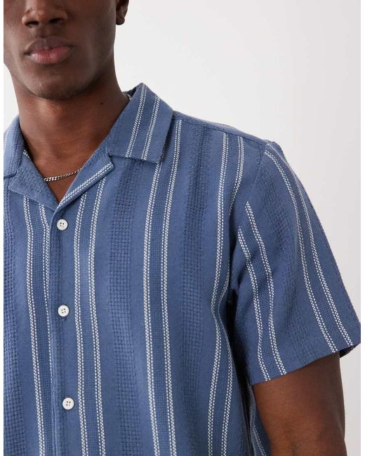 Threadbare Blue Cotton Mix Textured Short Sleeve Shirt for men