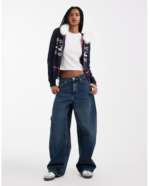 Hollister Blue Faux Fur Hood Zip Through Knit Jumper