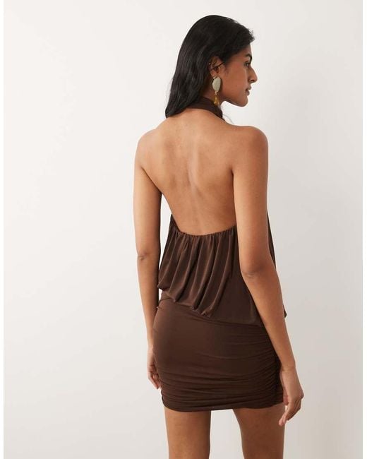 Mango Brown Ruched Halterneck Mini Dress