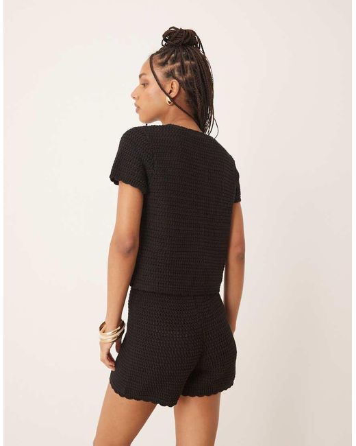Gina Tricot Black Co-Ord Crochet Button Up Short Sleeve Top