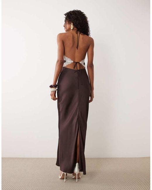 Forever New Brown Halter Neck Maxi Dress With Lace Trim