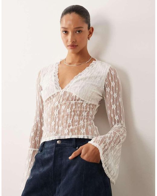 Miss Selfridge White V Front Lace Top With Ruffle Sleeve
