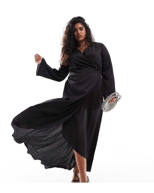 Tfnc Plus Black Satin Long Sleeve Wrap Maxi Dress