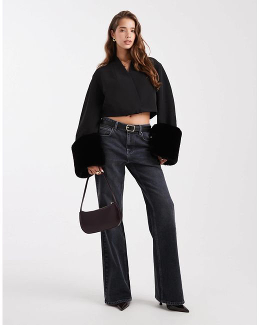 ASOS Black Tailored Cropped Cocoon Sleeve Blazer With Faux Fur