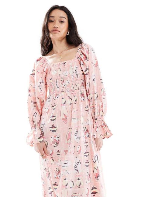 Object Pink Vintage Wash Fish Print Smock Midi Dress