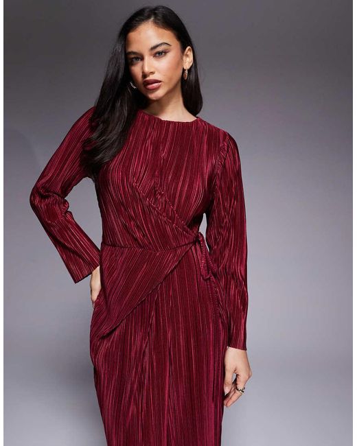 ASOS Red Plisse Long Sleeve Wrap Tie Waist Maxi Dress