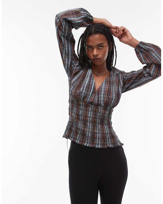 Top Arricciato A Quadri Color Blu E Giallo di TOPSHOP in Black