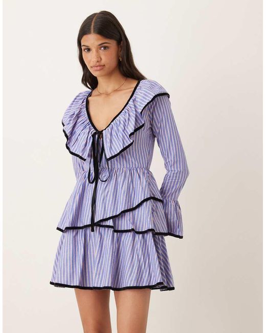 ASOS Purple V Neck Mini Smock Dress With Tie Bust And Contrast Velvet Trim