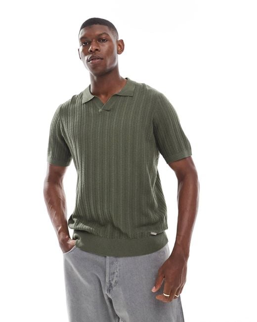 Threadbare Green Textured Knit Polo Top for men