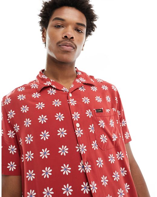 Lee Jeans Red Short Sve Revere Collar Daisy Print Resort Shirt Relaxed Fit for men