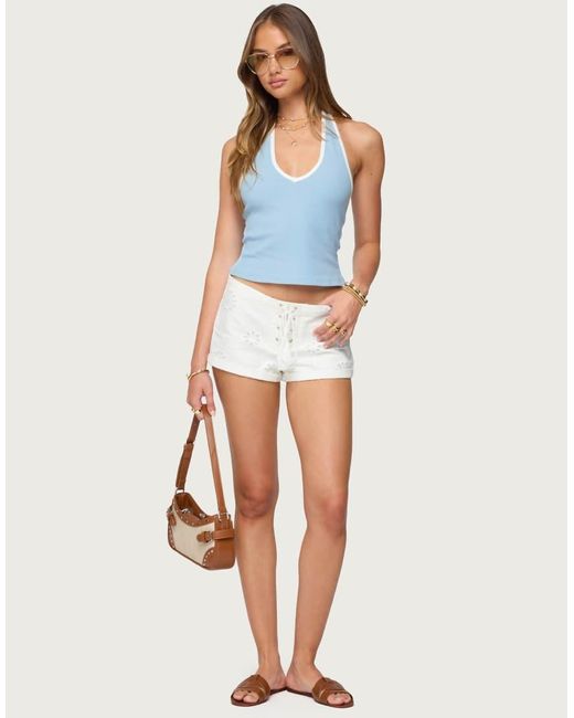 Edikted Blue Contrast Ribbed V Neck Halter Top