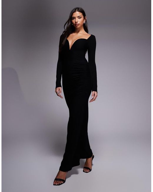 ASOS Black Long Sleeve Deep Plunge Maxi Dress With V-Bar Trim